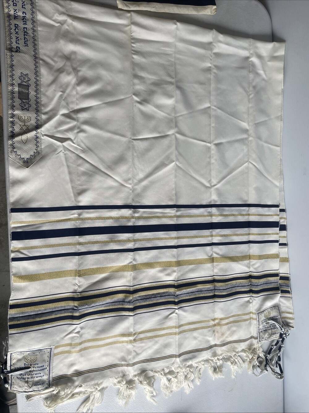 Tallit Prayer Shawl Adult White Blue Gold Striped Embroidered Menorah 70x29